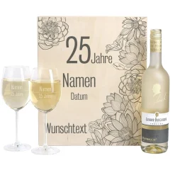 Weißwein Geschenkset zur Silberhochzeit mit Maybach und 2 gravierten Gläsern