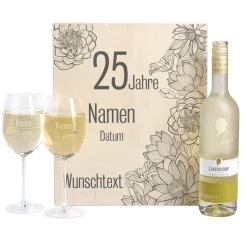 Weißwein Geschenkset zur Silberhochzeit mit Maybach und 2 gravierten Gläsern