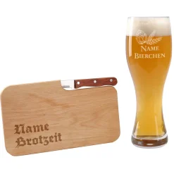 Weizenbierglas und Messerbrett Brotzeit mit Wunschnamen graviert