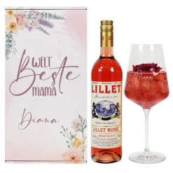 Weltbeste Mama - Lillet Geschenkset mit Weinglas und blumigen Frühlingsmotiv
