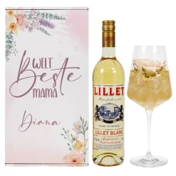 Weltbeste Mama - Lillet Geschenkset mit Weinglas und blumigen Frühlingsmotiv