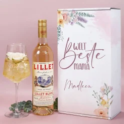 Weltbeste Mama - Lillet Geschenkset mit Weinglas und blumigen Frühlingsmotiv