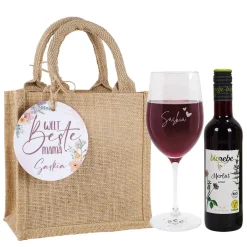Welt beste Mama - Wein Geschenkset im Jutebeutel