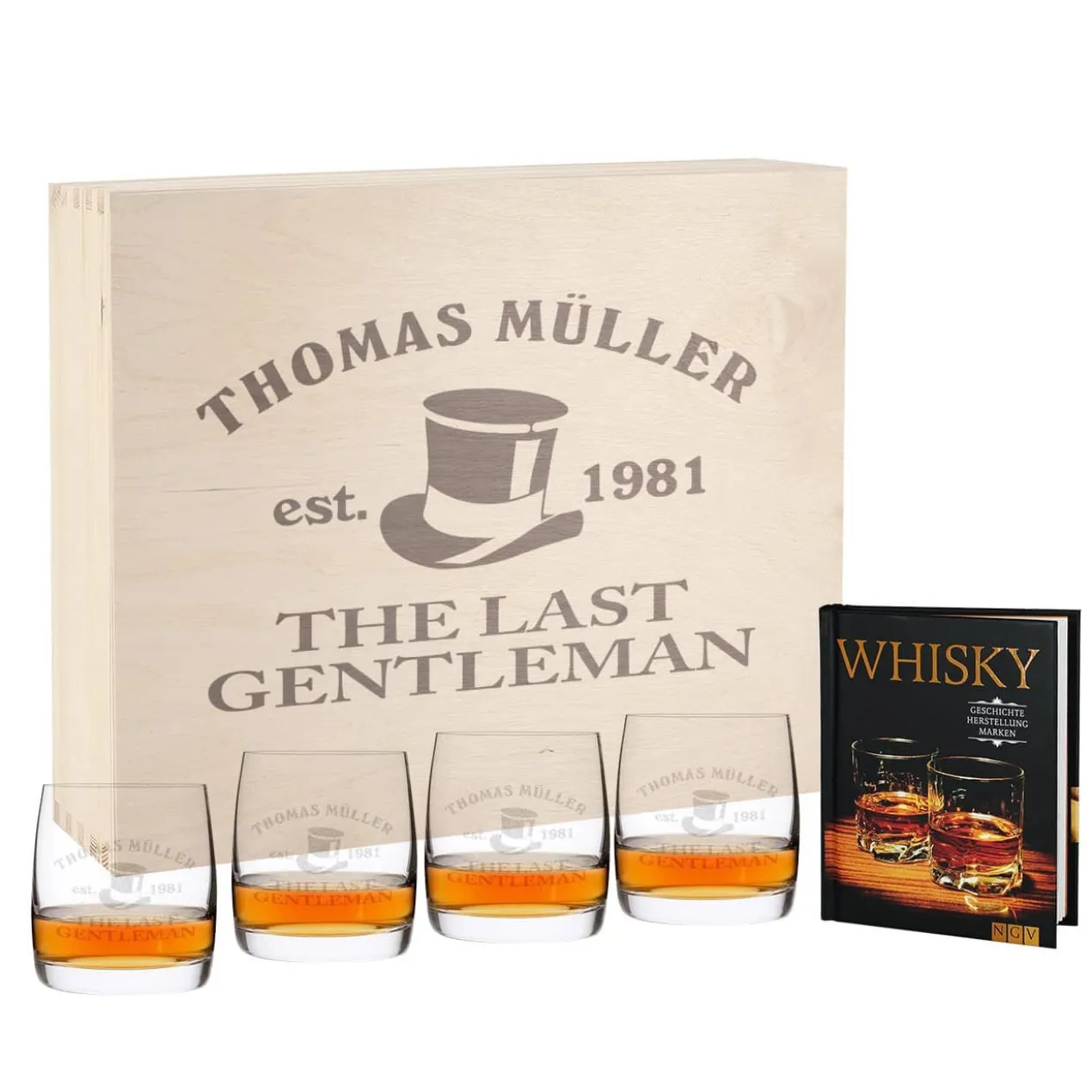 Whiskybox mit 4 Whiskygläsern und Buch über Whiskys