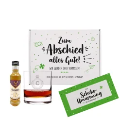 Whisky-Geschenkset zum Abschied mit Glenfiddich, graviertem Glas und Schokolade