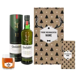 Whisky Geschenkset zu Weihnachten mit Hirschgeweih Motiv und Name