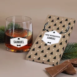 Whisky Geschenkset zu Weihnachten mit Hirschgeweih Motiv und Name