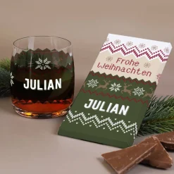 Whisky Geschenkset zu Weihnachten mit Name, Wunschtext und Weihnachtsstrickpullover Motiv