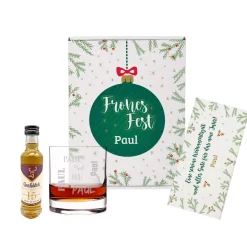 Whisky-Geschenkset zu Weihnachten mit Glenfiddich, graviertem Glas und Schokolade