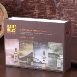 Whisky-Set mit 4 torfigen Single Malts in bedruckter Geschenkverpackung mit Wunschname
