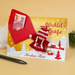 Wichtelkarte in Gold als Geldgeschenk | Weihnachtskarte