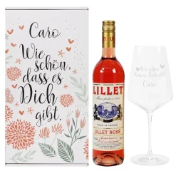 Wie schön, dass es Dich gibt - Lillet Geschenkset mit graviertem Glas und Präsentbox