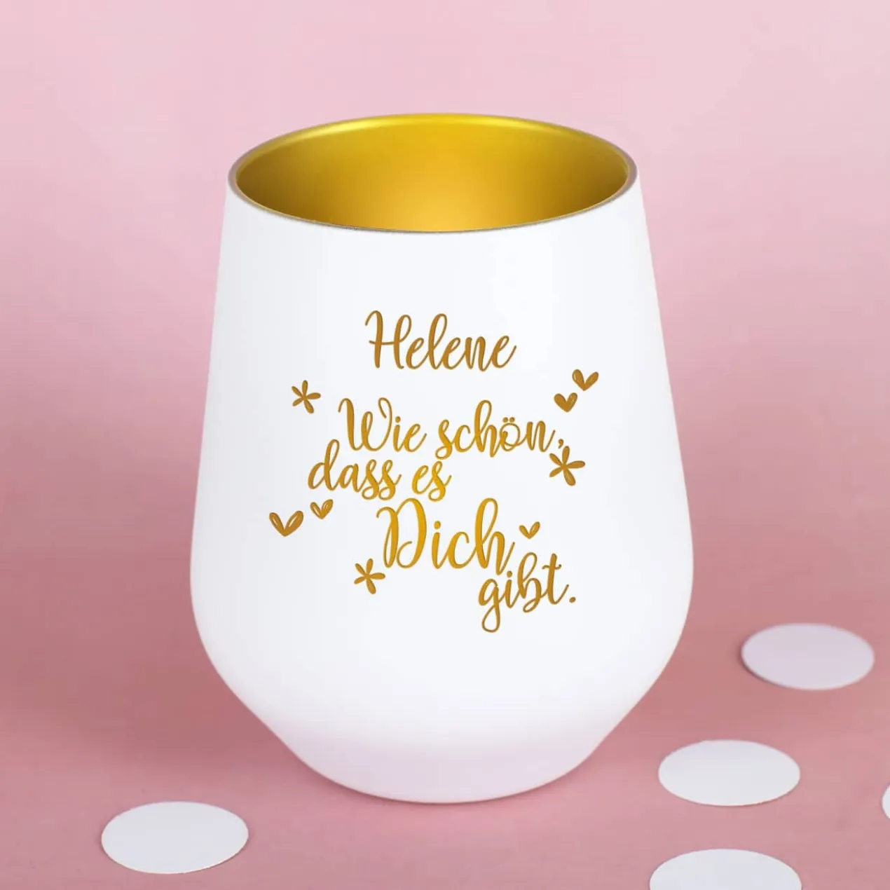 Wie schön, dass es Dich gibt - Windlicht in weiß-gold mit Name