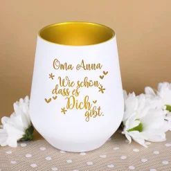 Wie schön, dass es Dich gibt - Windlicht in weiß-gold mit Name