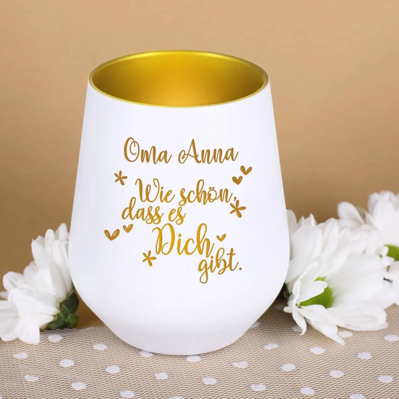 Wie schön, dass es Dich gibt - Windlicht in weiß-gold mit Name