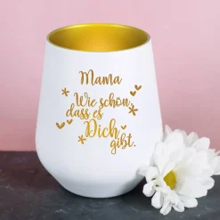 Wie schön, dass es Dich gibt - Windlicht in weiß-gold mit Name