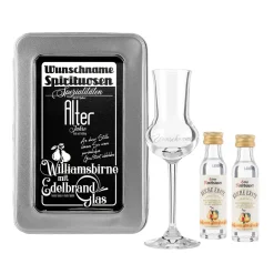 Williamsbirne Schnaps mit graviertem Edelbrandglas in bedruckter Metallbox