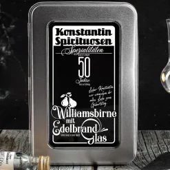 Williamsbirne Schnaps mit graviertem Edelbrandglas in bedruckter Metallbox