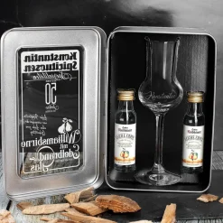Williamsbirne Schnaps mit graviertem Edelbrandglas in bedruckter Metallbox