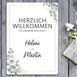 Willkommensschild zur Hochzeit mit Ihren Wunschnamen und Eukalyptusmotiv 70x50cm