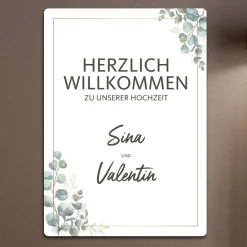 Willkommensschild zur Hochzeit mit Ihren Wunschnamen und Eukalyptusmotiv 70x50cm