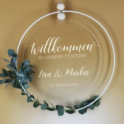 Willkommensschild zur Hochzeit - Acrylbild mit Metallring als Dekoration