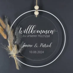 Willkommensschild zur Hochzeit - Acrylbild mit Metallring als Dekoration