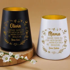 Windlicht mit Gravur für Mama & Familie personalisiert mit Wunschtext und Herz Motiv | Schwarz oder Weiß