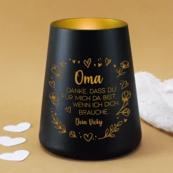 Windlicht mit Gravur für Mama & Familie personalisiert mit Wunschtext und Herz Motiv | Schwarz oder Weiß