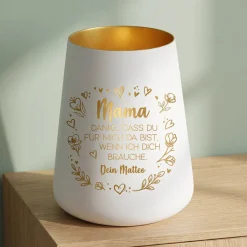 Windlicht mit Gravur für Mama & Familie personalisiert mit Wunschtext und Herz Motiv | Schwarz oder Weiß