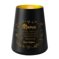 Windlicht mit Gravur für Mama & Familie personalisiert mit Wunschtext und Herz Motiv | Schwarz oder Weiß