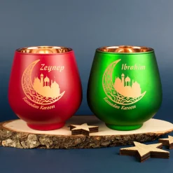 Windlicht zu Ramadan personalisiert mit Name | Teelichthalter aus Glas | Rot oder Grün