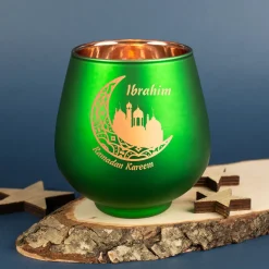 Windlicht zu Ramadan personalisiert mit Name | Teelichthalter aus Glas | Rot oder Grün