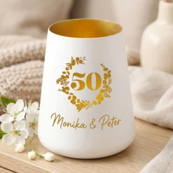 Windlicht zur Goldenen Hochzeit mit Namen personalisiert | Deko Licht zum 50. Hochzeitstag mit Gravur