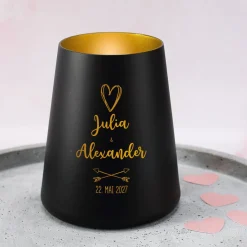 Windlicht zur Hochzeit personalisiert mit Namen & Datum | Deko Licht in Weiß oder Schwarz für Paare