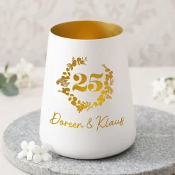 Windlicht zur Silberhochzeit mit Namen personalisiert | Deko Licht zum 25. Hochzeitstag mit Gravur