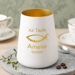 Windlicht zur Taufe, Kommunion & Konfirmation mit Gravur | Personalisiertes Deko Licht in Weiß Gold