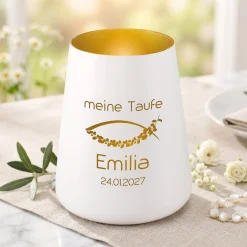 Windlicht zur Taufe, Kommunion & Konfirmation mit Gravur | Personalisiertes Deko Licht in Weiß Gold