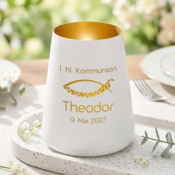 Windlicht zur Taufe, Kommunion & Konfirmation mit Gravur | Personalisiertes Deko Licht in Weiß Gold
