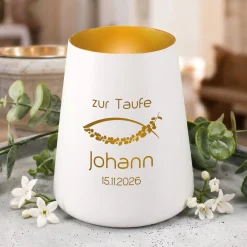 Windlicht zur Taufe, Kommunion & Konfirmation mit Gravur | Personalisiertes Deko Licht in Weiß Gold