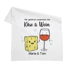 Wir gehören zusammen wie Käse & Wein - Geschirrtuch mit Ihren Wunschnamen