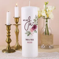 Wir sagen Ja! - Hochzeitskerze mit Rosenmotiv