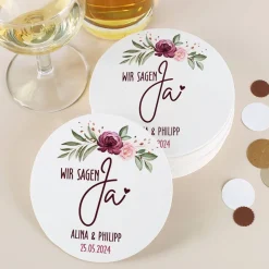 Wir sagen Ja! - 30 runde Untersetzer zur Hochzeit mit Namen und Datum