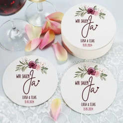 Wir sagen Ja! - 30 runde Untersetzer zur Hochzeit mit Namen und Datum