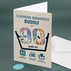 Witzige Geldgeschenk-Karte zum 90. Geburtstag als Waschanleitung personalisiert mit Name