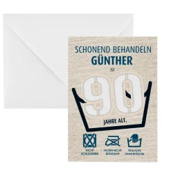 Witzige Geldgeschenk-Karte zum 90. Geburtstag als Waschanleitung personalisiert mit Name