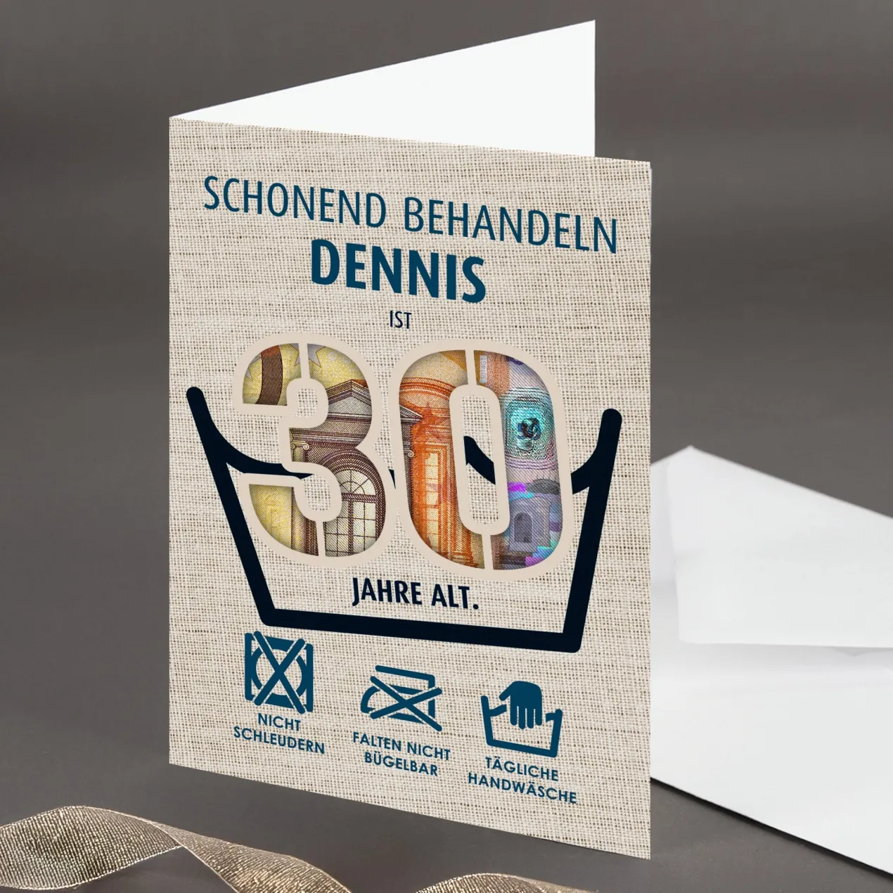 Witzige Geldgeschenk-Karte zum 30. Geburtstag als Waschanleitung personalisiert mit Name