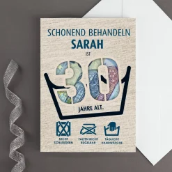 Witzige Geldgeschenk-Karte zum 30. Geburtstag als Waschanleitung personalisiert mit Name