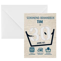 Witzige Geldgeschenk-Karte zum 30. Geburtstag als Waschanleitung personalisiert mit Name