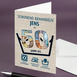 Witzige Geldgeschenk-Karte zum 50. Geburtstag als Waschanleitung personalisiert mit Name
